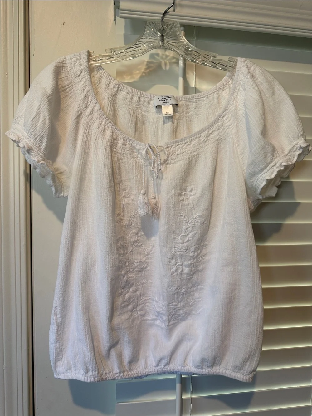 LOFT White Embroidered Peasant Top with Tassel Tie